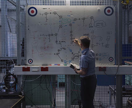 RAF Cyberspace Communication Specialist drawing network diagram on whiteboard