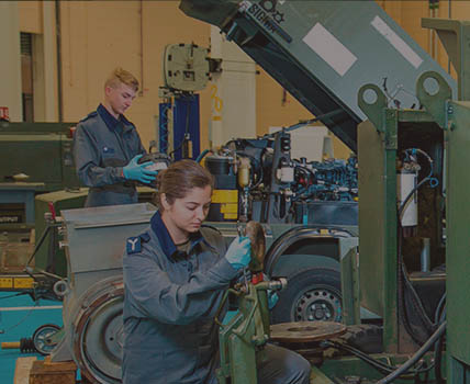 RAF Vehicle & Mechanical Equipment apprentice technicians using machinery in workshop