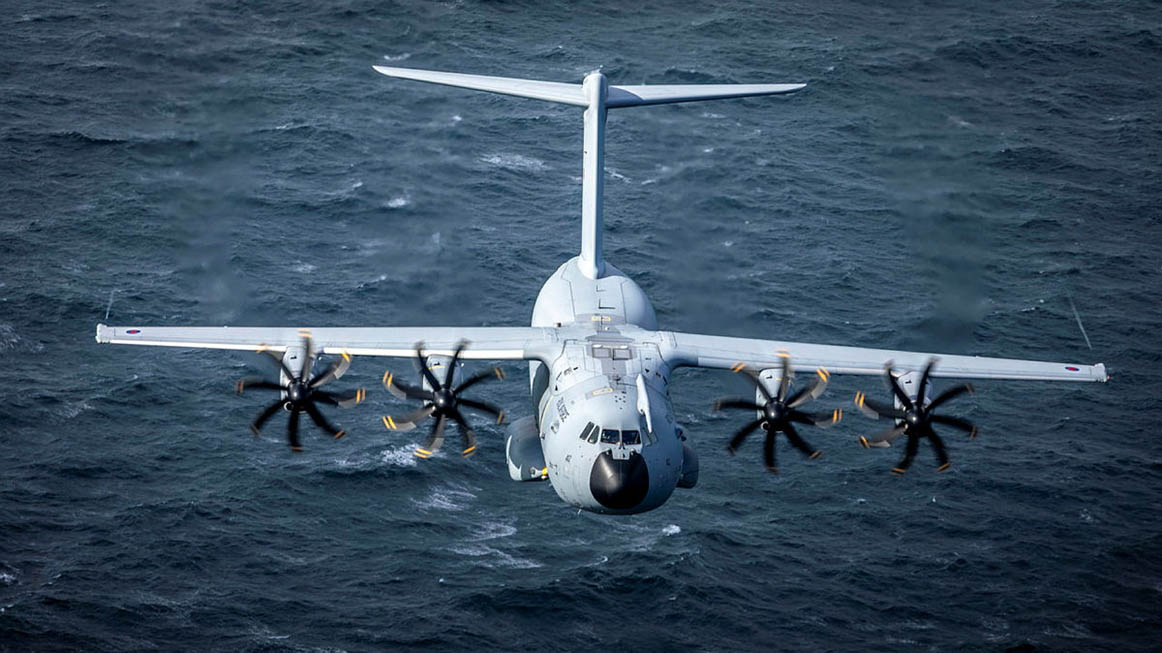 RAF A400 Atlas flying low over sea