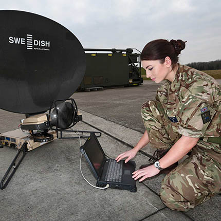 RAF Cyberspace Communication Specialist operating portable satellite comms equipment