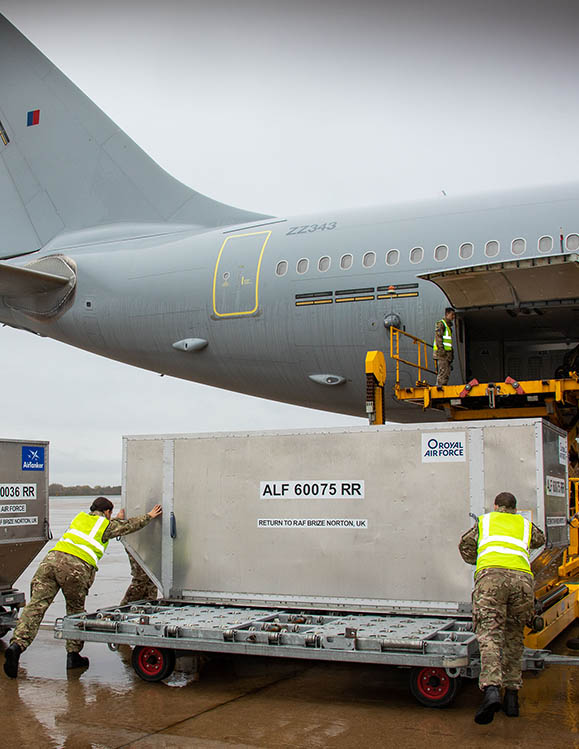 RAF Movers loading ISO Cargo container onto RAF Voyager with cargo roller hoist