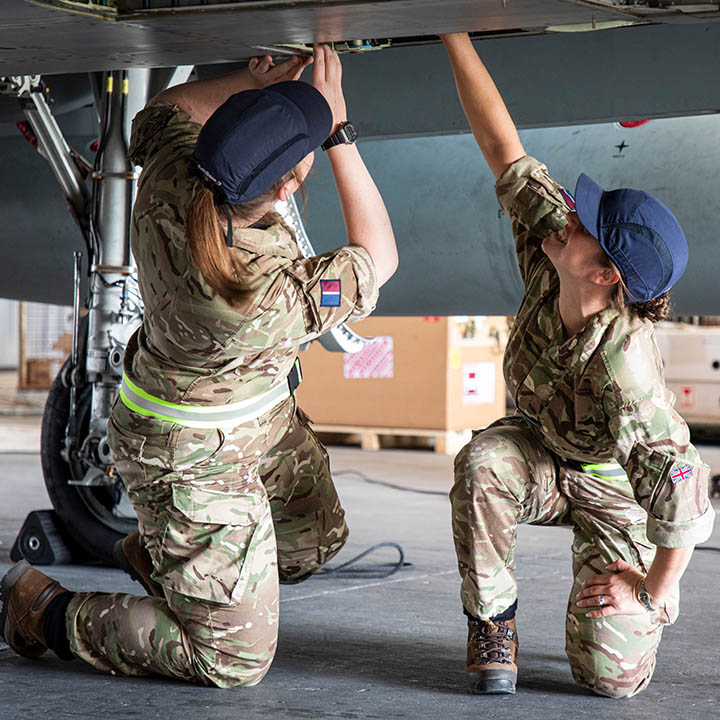 RAF Engineering Officer (Aero Systems) and RAF Aircraft Technician (Mechanical) working under RAF Typhoon.