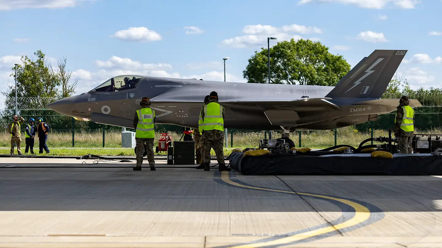 RAF Supply Chain Specialists refuelling RAF F35B Lightning 2 fast jet on Apron