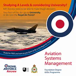 Cover of RAF In-Service Degree brochure detailing Aviation Systems Management degree