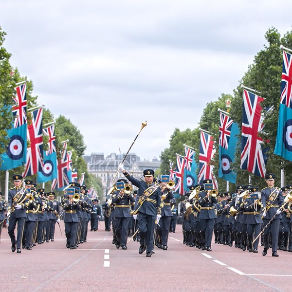 RAF Ceremonial band parading and playing at Buckingham palace